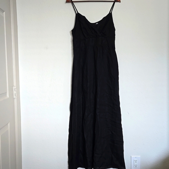 Linen Maxi Dress Black Deep V-Neck Y2K Minimalist - Picture 1 of 10
